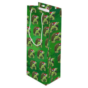 Tortoise in Santa Hat On Green Wine Gift Bag