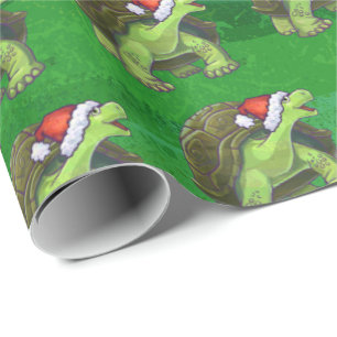 Tortoise in Santa Hat On Green Wrapping Paper
