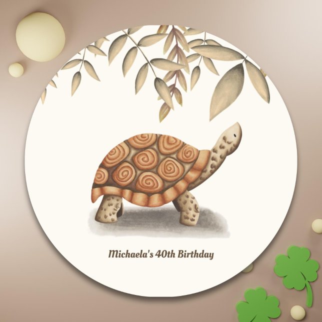 Tortoise Sepia Brown Personalized Birthday Classic Round Sticker (Creator Uploaded)