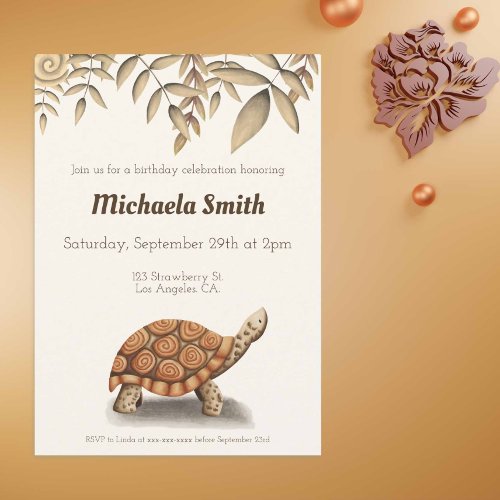 Tortoise Sepia Brown Personalized Birthday Invitation