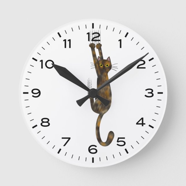 Tortoise Shell Cat Hanging On Funny Round Clock (Front)