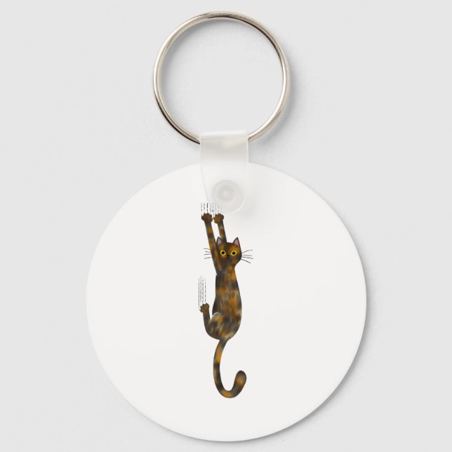 Tortoise Shell Cat Hanging On Funny Tortie Cat  Keychain (Front)