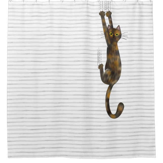 Tortoise Shell Cat Hanging On | Funny Tortie Cat Shower Curtain (Front)