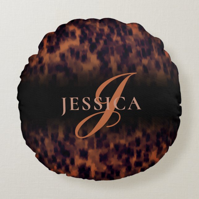 Tortoise Shell Pattern Animal Print Monogram Name  Round Pillow (Front)