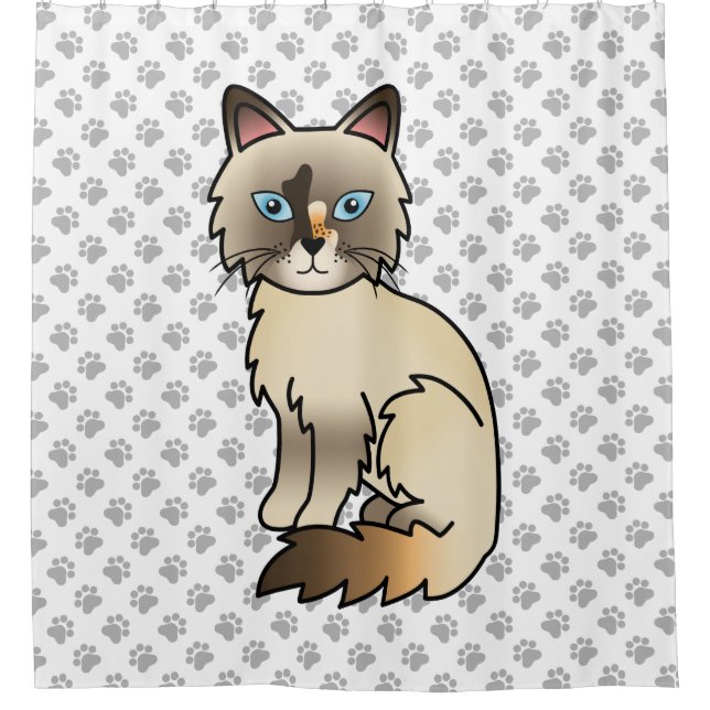 Tortoiseshell Birman / Ragdoll Cat & Paws Shower Curtain (Front)