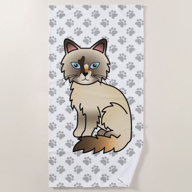 Tortoiseshell Birman / Ragdoll Cute Cat & Paws Beach Towel (Front)