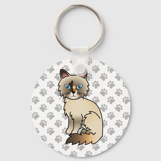 Tortoiseshell Birman / Ragdoll Cute Cat & Paws Keychain (Front)