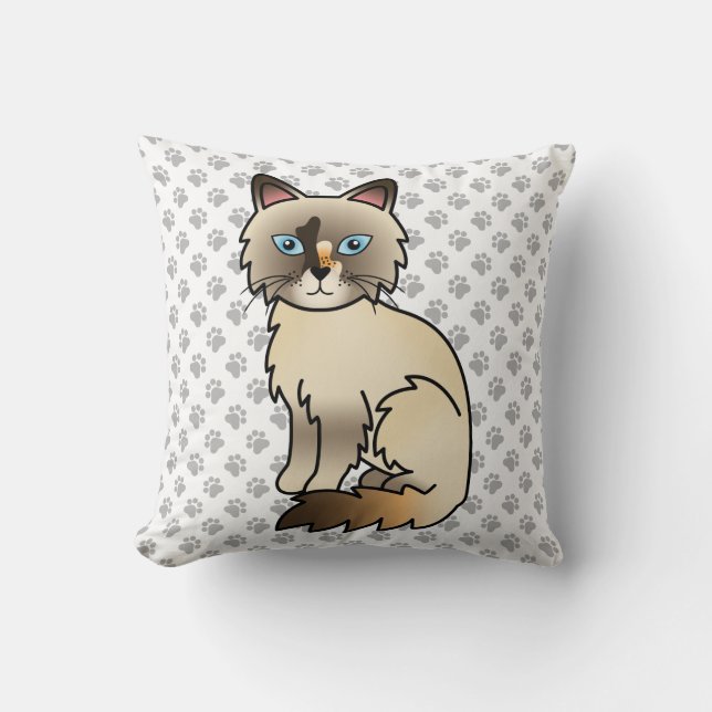 Tortoiseshell Birman / Ragdoll Cute Cat & Paws Throw Pillow (Front)