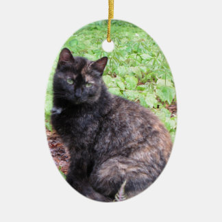 Tortoiseshell Black Cat Garden Ceramic Ornament