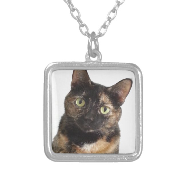 Tortoiseshell Cat Silver Plated Necklace (Front)