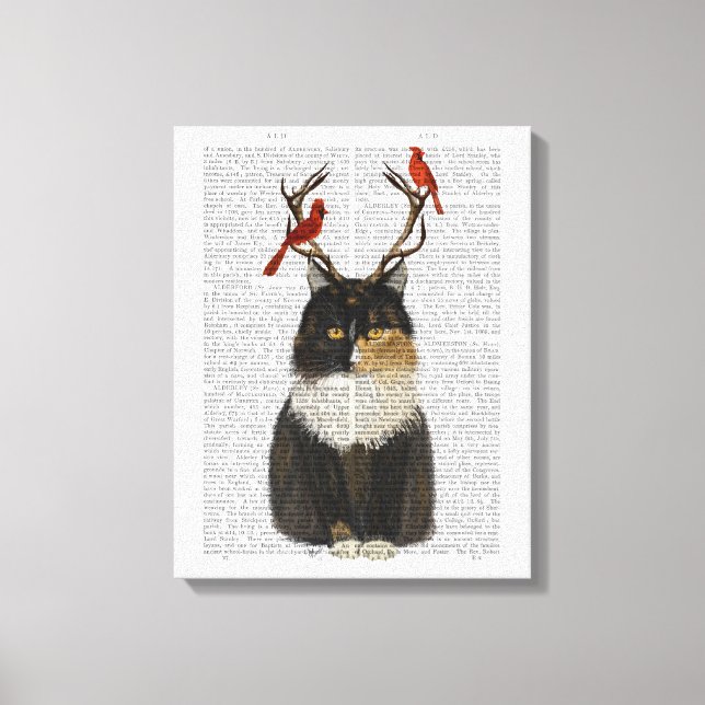 Tortoiseshell Cat with Antlers and Red Birds Canvas Print (Front)