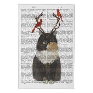 Tortoiseshell Cat with Antlers and Red Birds Faux Canvas Print
