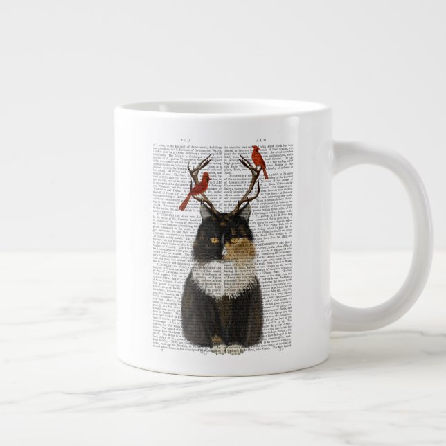 Tortoiseshell Cat with Antlers and Red Birds Giant Coffee Mug (Right)