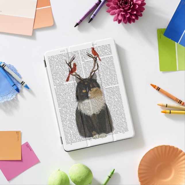 Tortoiseshell Cat with Antlers and Red Birds iPad Pro Cover (Desk)