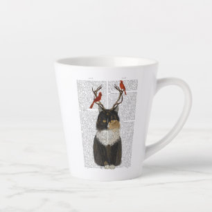 Tortoiseshell Cat with Antlers and Red Birds Latte Mug
