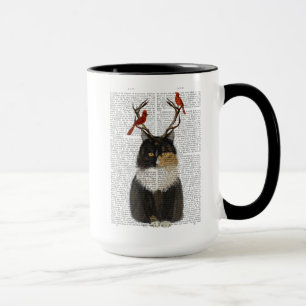 Tortoiseshell Cat with Antlers and Red Birds Mug