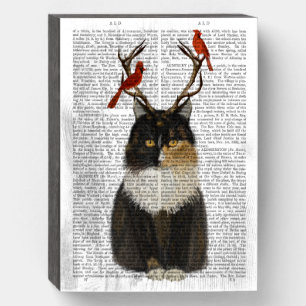 Tortoiseshell Cat with Antlers and Red Birds Wooden Box Sign