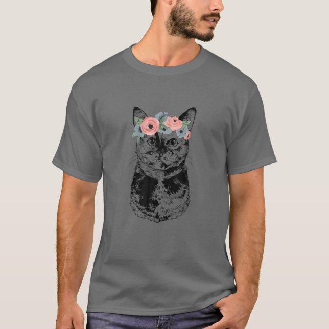Tortoiseshell Cat With Floral Headband Tortie Cat T-Shirt (Front)