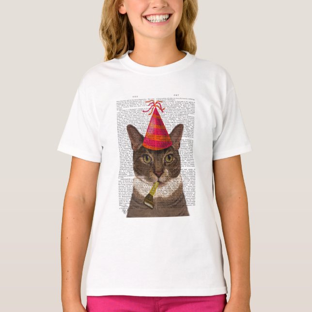 Tortoiseshell Cat with Party Hat T-Shirt (Front)
