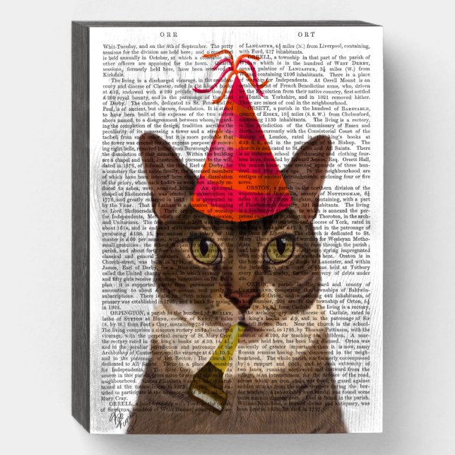 Tortoiseshell Cat with Party Hat Wooden Box Sign (Front Vertical)