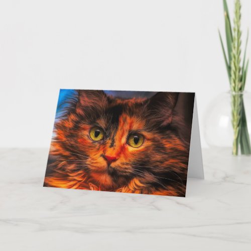 Tortoiseshell Fluffy Cat Digital Oil Painting Card