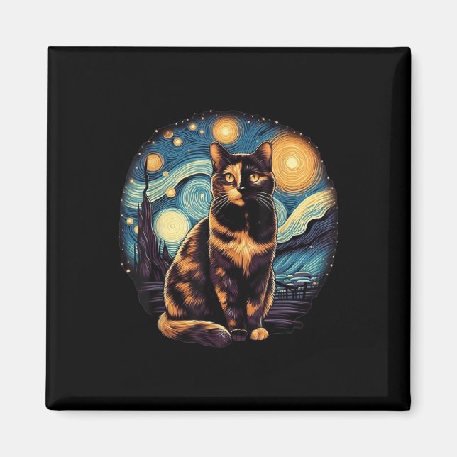 Tortoiseshell Tortie Starry Night Kitty Cat Art  Magnet (Front)