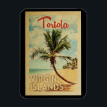 Tortola Magnet Palm Tree Vintage Travel<br><div class="desc">A uniquely retro mid-century modern Tortola Virgin Islands art print in vintage travel poster style. It features a curved palm tree on sandy beach with ocean under a blue cloudy sky.</div>