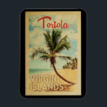 Tortola Magnet Palm Tree Vintage Travel<br><div class="desc">A uniquely retro mid-century modern Tortola Virgin Islands art print in vintage travel poster style. It features a curved palm tree on sandy beach with ocean under a blue cloudy sky.</div>