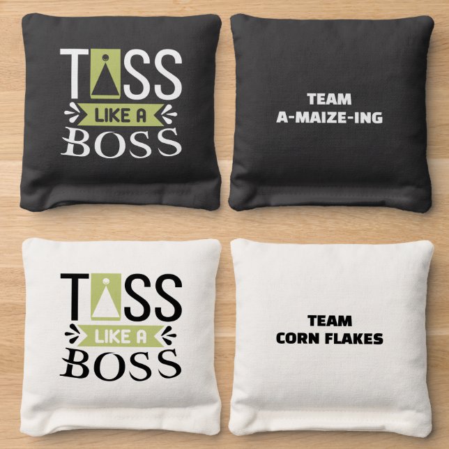 Toss like a boss personalized team names on back cornhole bags (Wood)
