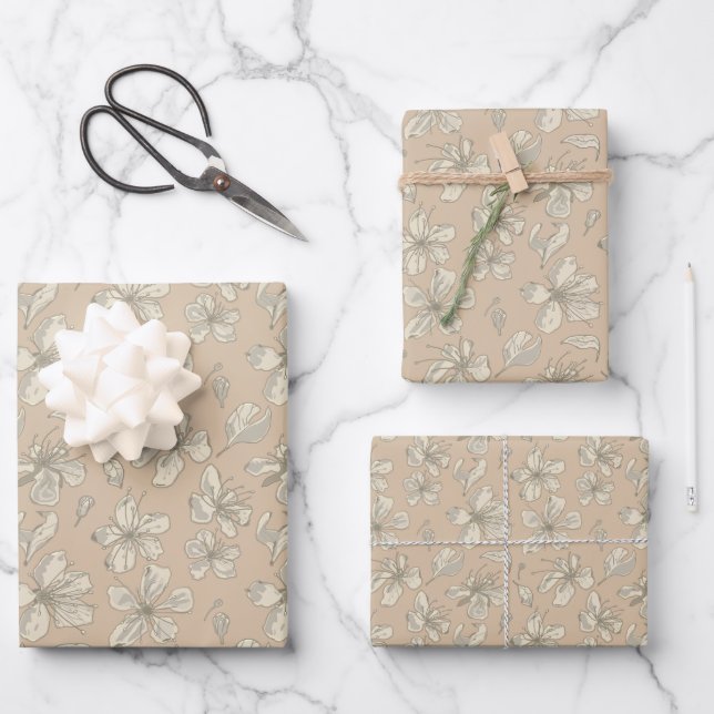 Tossed Blossoms on Light beige - seamless pattern Wrapping Paper Sheets (Front)