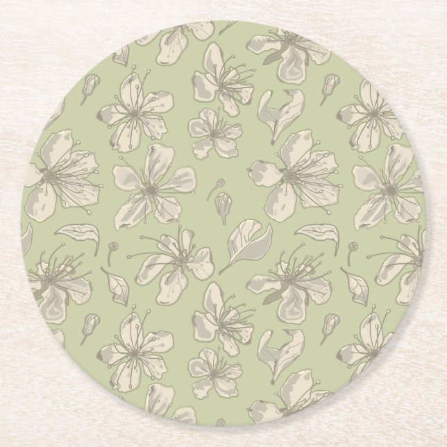Tossed Blossoms on Olive Green - seamless pattern. Round Paper Coaster (Front)