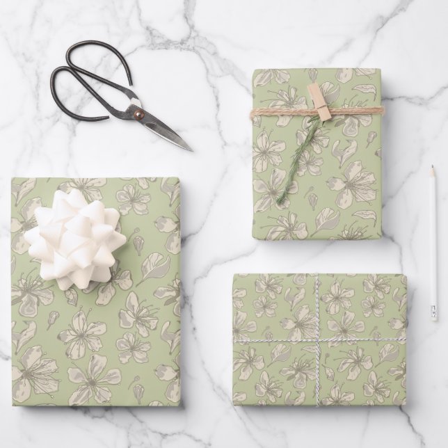 Tossed Blossoms on Olive Green - seamless pattern. Wrapping Paper Sheets (Front)
