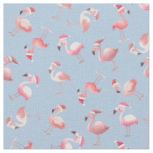 Tossed Christmas Flamingos on Light Blue Fabric