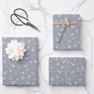 Tossed Christmas Flamingos on Light Gray-Blue Wrapping Paper Sheets