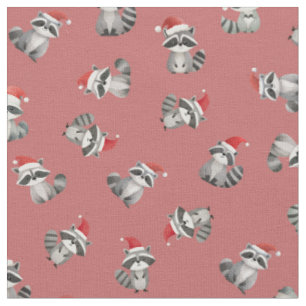 Tossed Christmas Raccoons on Faded Red Fabric