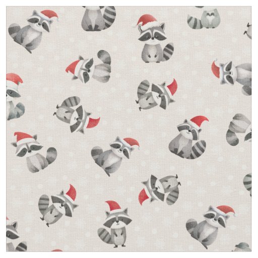Tossed Christmas Raccoons & Snowflakes on Beige Fabric