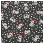 Tossed Christmas Raccoons &amp; Snowflakes on Black Fabric