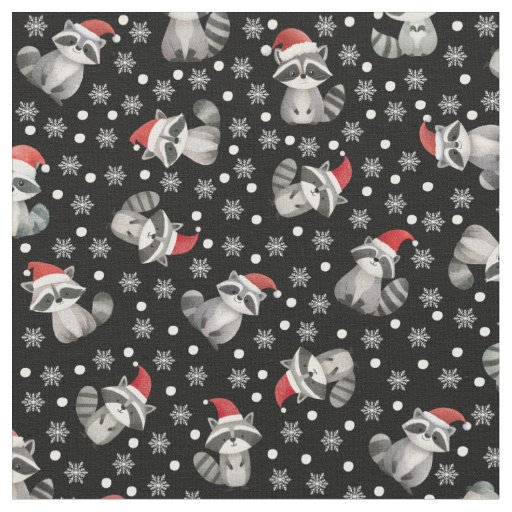 Tossed Christmas Raccoons & Snowflakes on Black Fabric