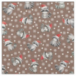 Tossed Christmas Raccoons &amp; Snowflakes on Brown Fabric