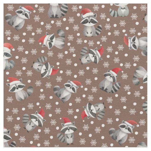 Tossed Christmas Raccoons & Snowflakes on Brown Fabric