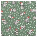 Tossed Christmas Raccoons &amp; Snowflakes on Green Fabric