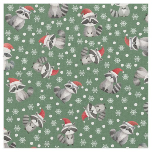 Tossed Christmas Raccoons & Snowflakes on Green Fabric