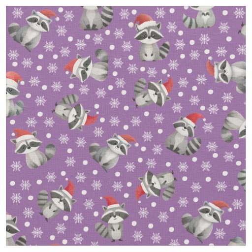 Tossed Christmas Raccoons & Snowflakes on Purple Fabric