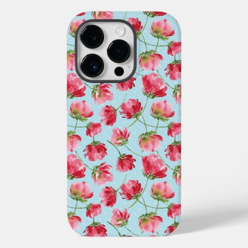 Tossed Crimson Red Watercolor Florals Polka Dots Case_Mate iPhone 14 Pro Case