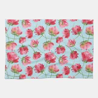 Tossed Crimson Red Watercolor Florals Polka Dots Kitchen Towel