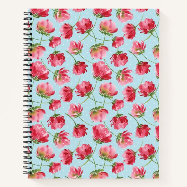 Tossed Crimson Red Watercolor Florals Polka Dots Notebook (Front)