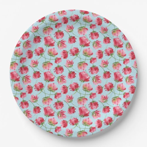 Tossed Crimson Red Watercolor Florals Polka Dots Paper Plates