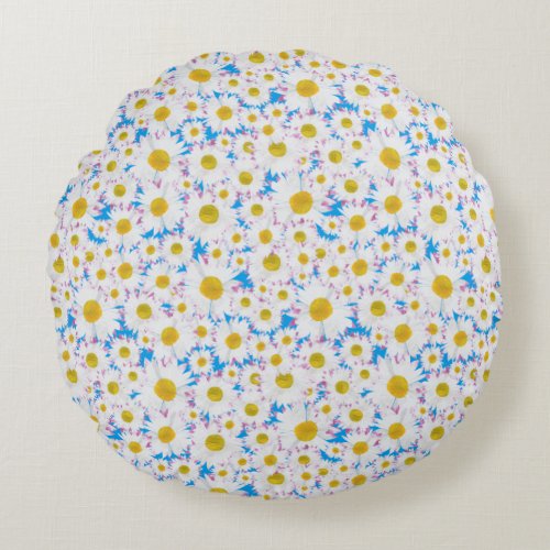 Tossed Ditzy White Daisies on Sky Blue Round Pillow