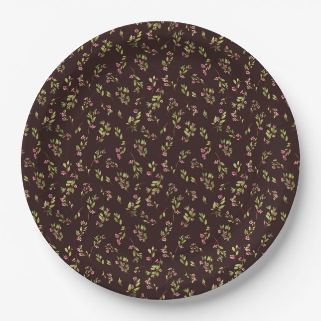 Tossed Floral Wildflowers on Chocolate Brown Paper Plates (Front)