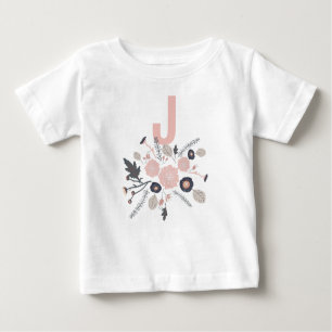 Tossed Flower Motif Gray Pink Black With Initial Baby T-Shirt